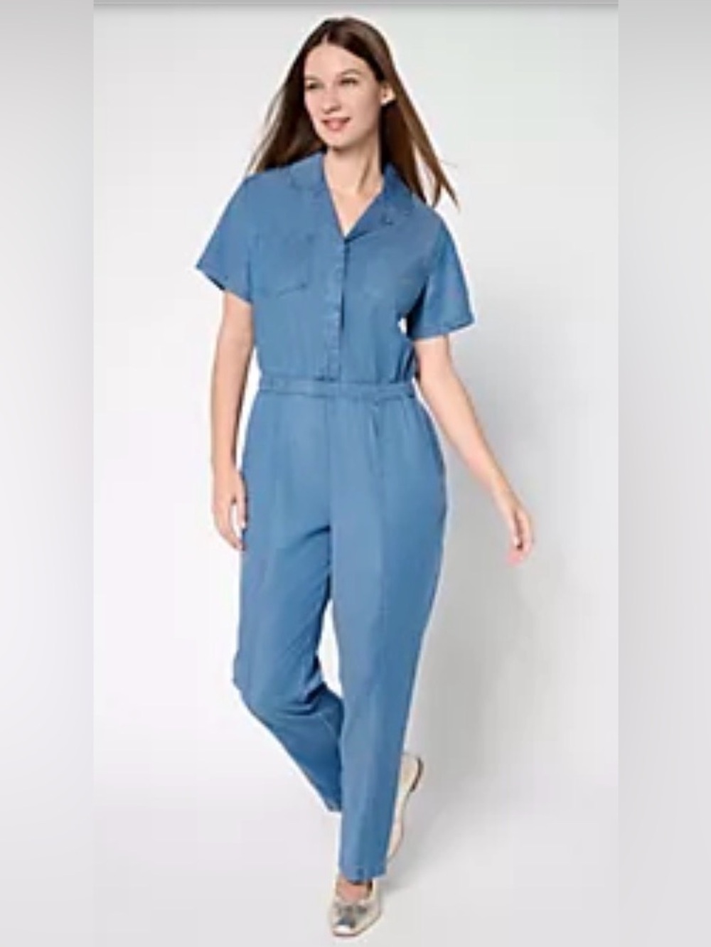 Joan Rivers Denim-Style Short Sleeve Utility Jumpsuit - Blue
